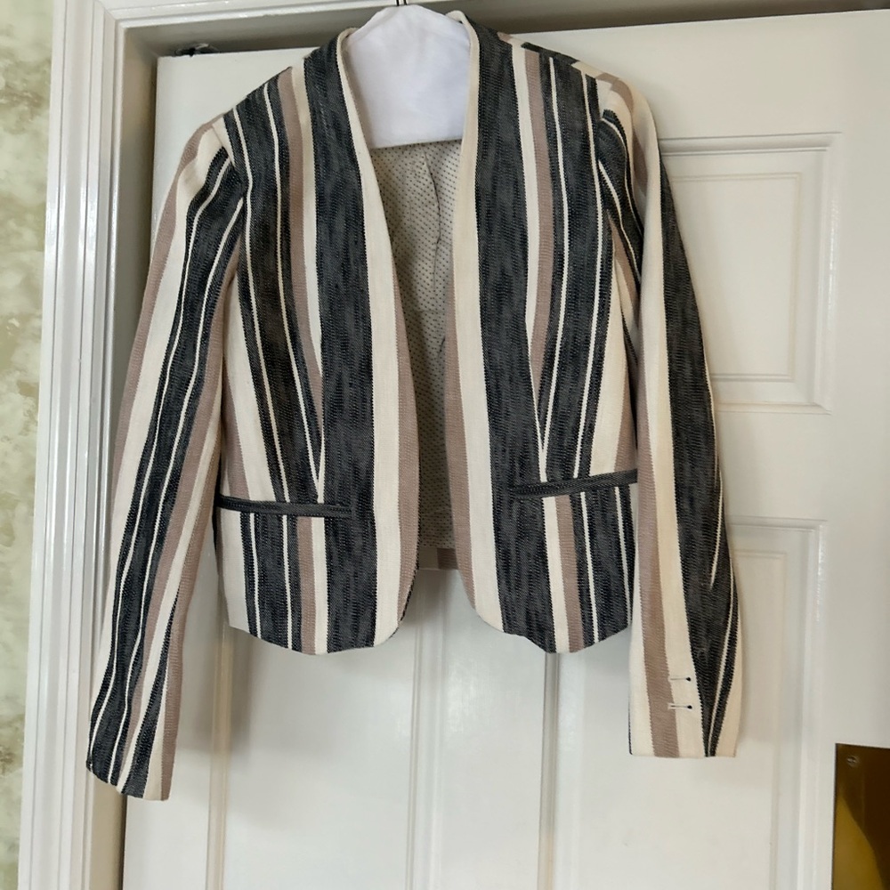LOFT WOMENS BLAZER/JACKET MULTI-STRIPED SIZE 00 BLACK, TAN, and BEIGE STRIPES